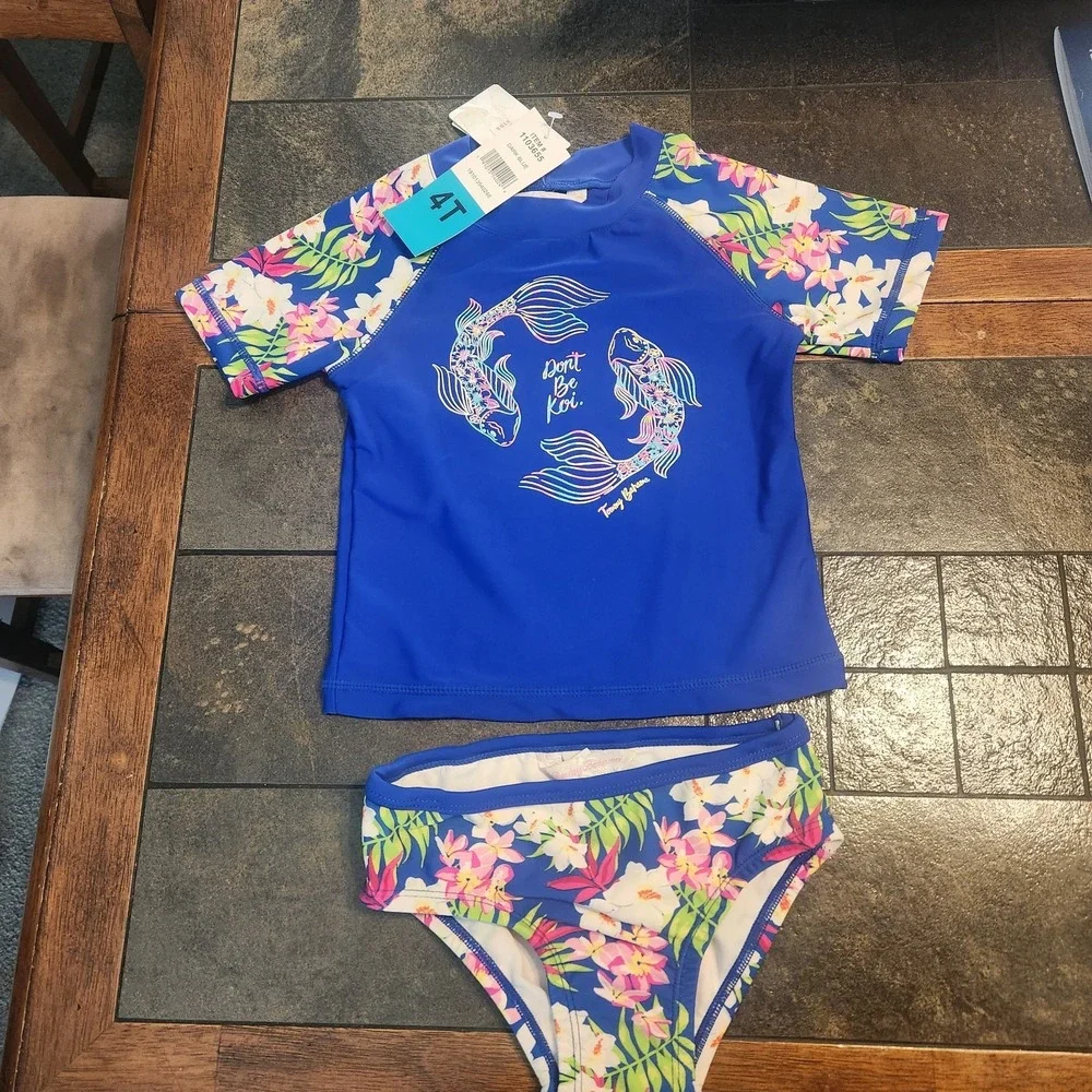 Tommy Bahama Girls Swim 4T 2-Piece Short Sleeve Top Rash Guard upf 50 NWT
